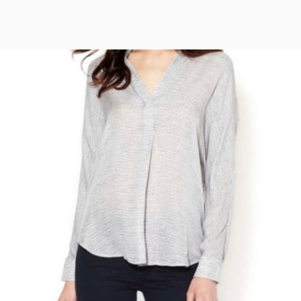 Vince Silk Blouse Gray White Cable Knit Print Popover Top Small